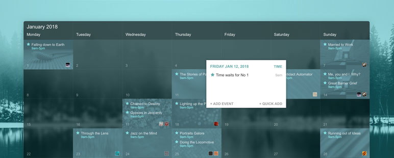 you can add an event via the panel that pops up when you hover over a day in the calendar