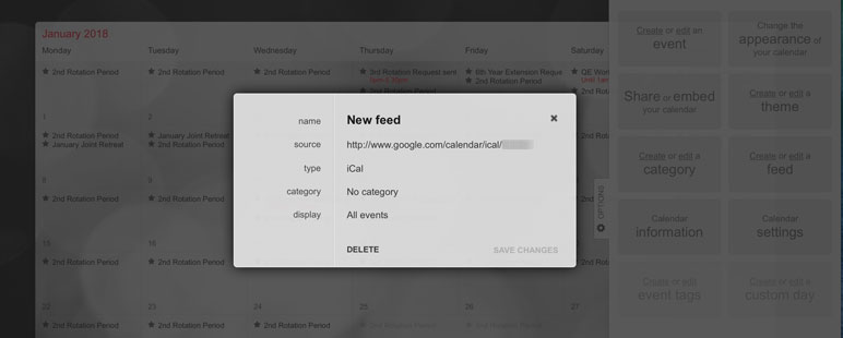 panel where you can add an iCal feed to your ChronoFlo calendar