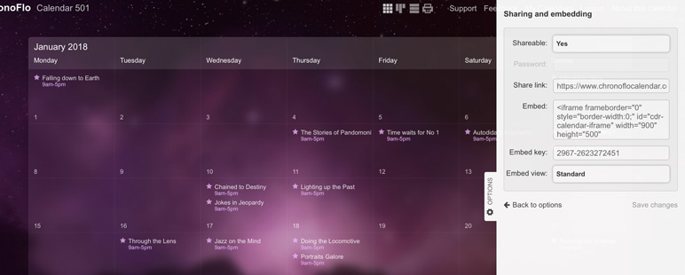 The ChronoFlo Calendar share and embed panel where you can obtain the embed code for your calendar