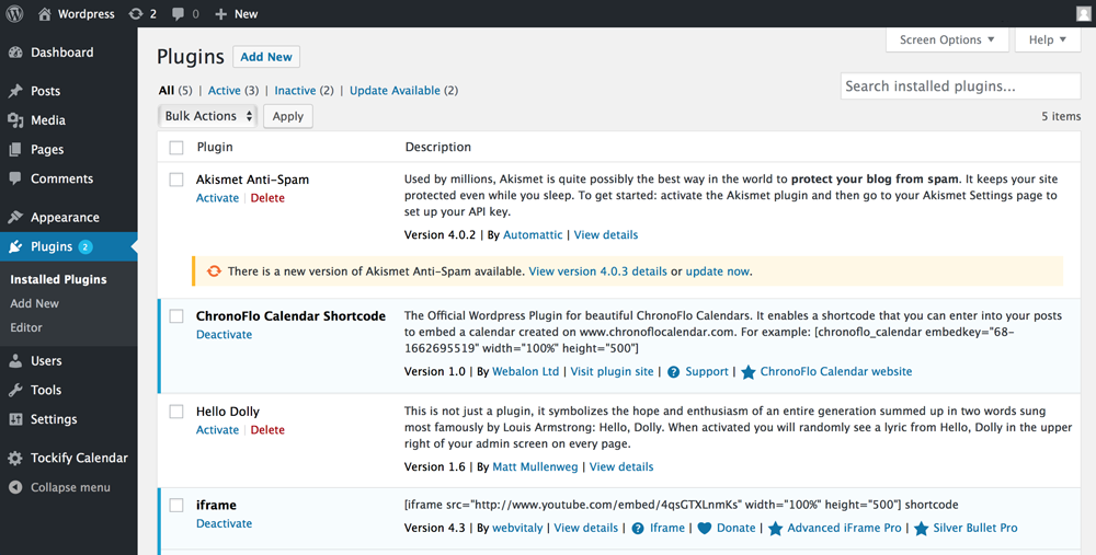 The Wordpress plugin dashboard showing the activated ChronoFlo Calendar Shortcode plugin